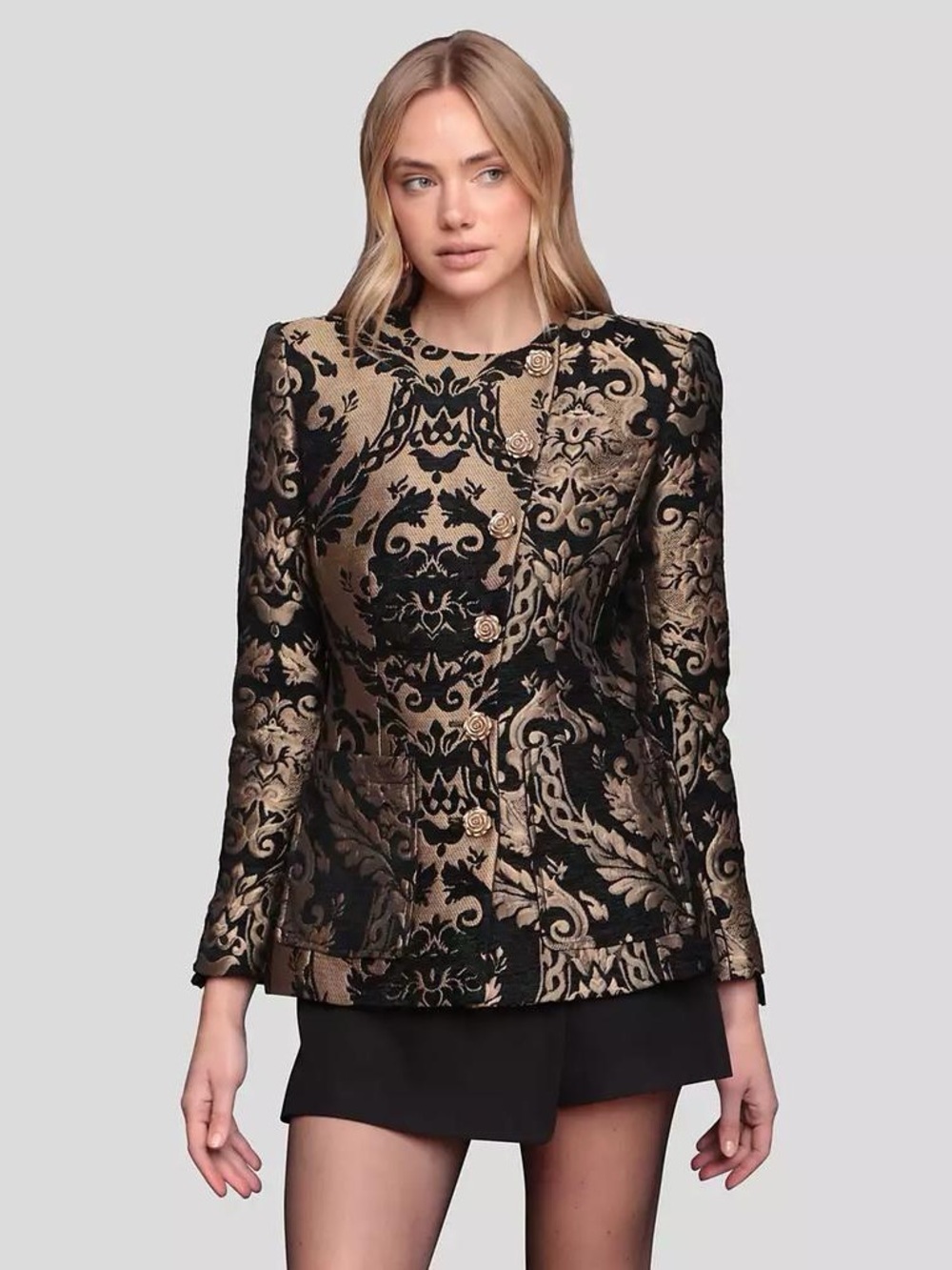 Avec Les Filles Women’s Colorblocked Asymmetrical Jacket in Black and Gold Print